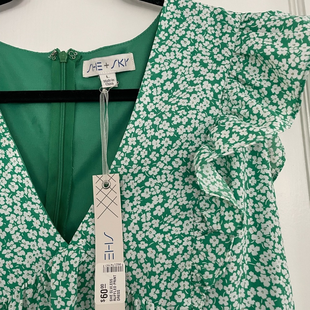 She + Sky Green Floral Asymmetrical Dress